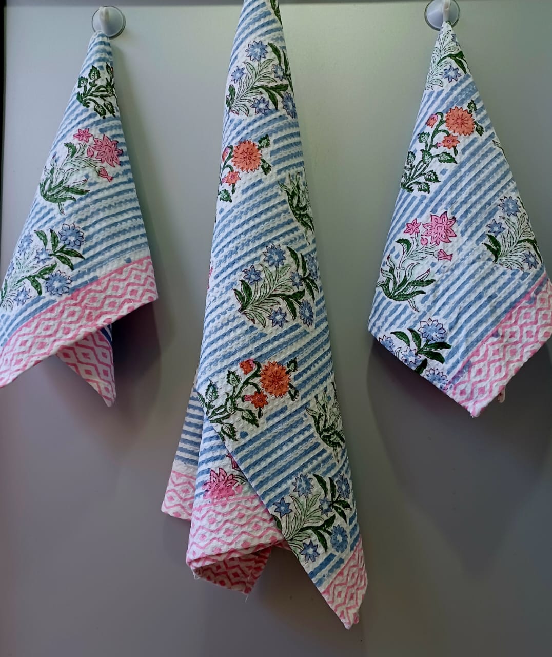 Pure cotton waffled textured hand-block printed bath combos (1 bath and 2 hand towels)