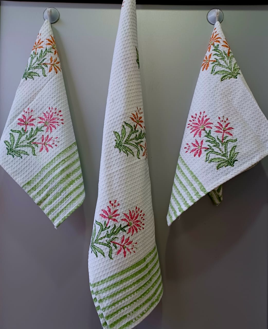 Pure cotton waffled textured hand-block printed bath combos (1 bath and 2 hand towels)