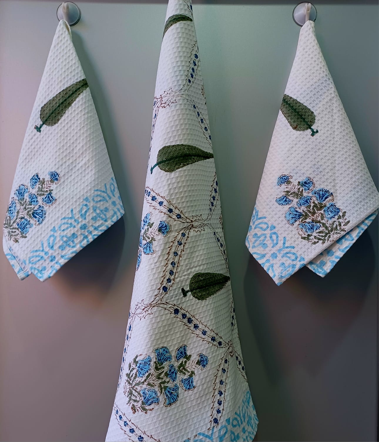 Pure cotton waffled textured hand-block printed bath combos (1 bath and 2 hand towels)