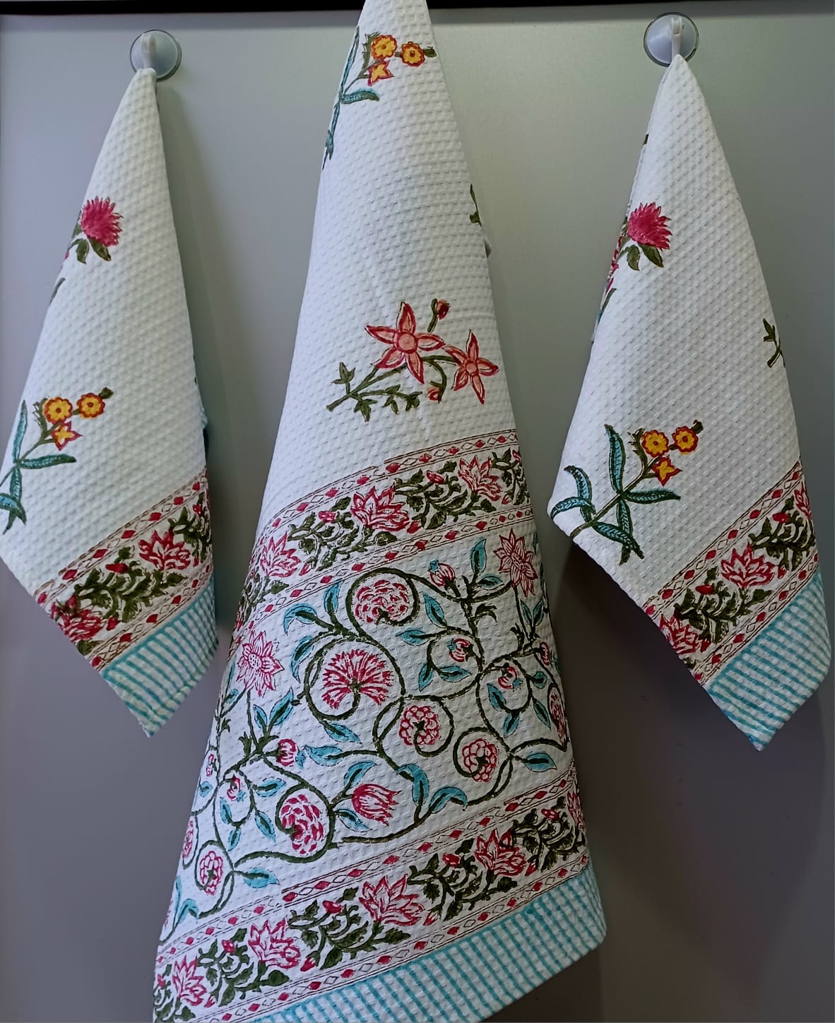 Pure cotton waffled textured hand-block printed bath combos (1 bath and 2 hand towels)