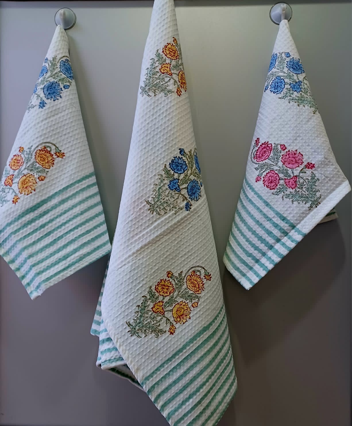 Pure cotton waffled textured hand-block printed bath combos (1 bath and 2 hand towels)