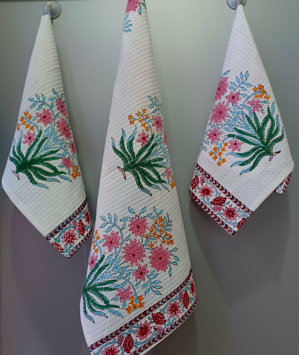 Pure cotton waffled textured hand-block printed bath combos (1 bath and 2 hand towels)