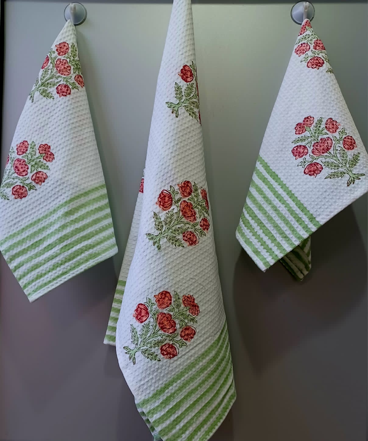 Pure cotton waffled textured hand-block printed bath combos (1 bath and 2 hand towels)