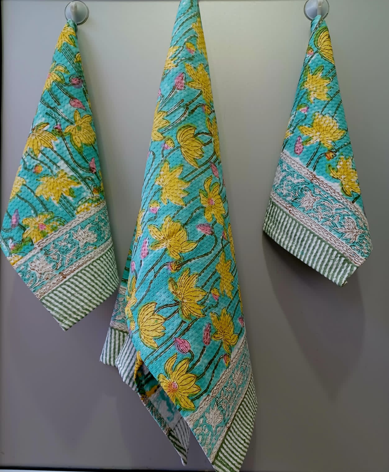 Pure cotton waffled textured hand-block printed bath combos (1 bath and 2 hand towels)