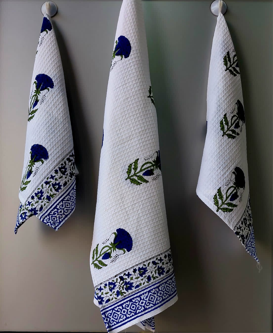 Pure cotton waffled textured hand-block printed bath combos (1 bath and 2 hand towels)