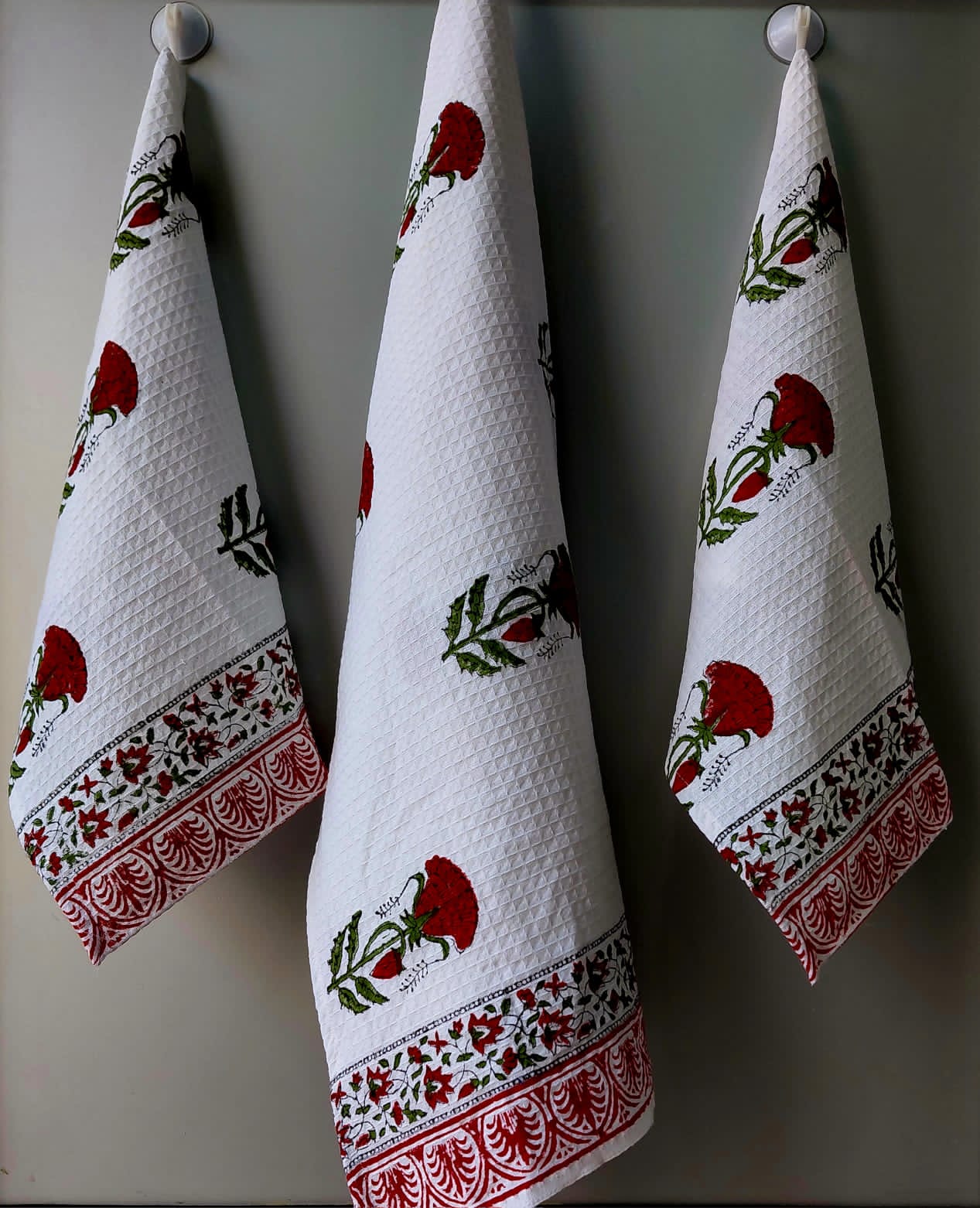 Pure cotton waffled textured hand-block printed bath combos (1 bath and 2 hand towels)