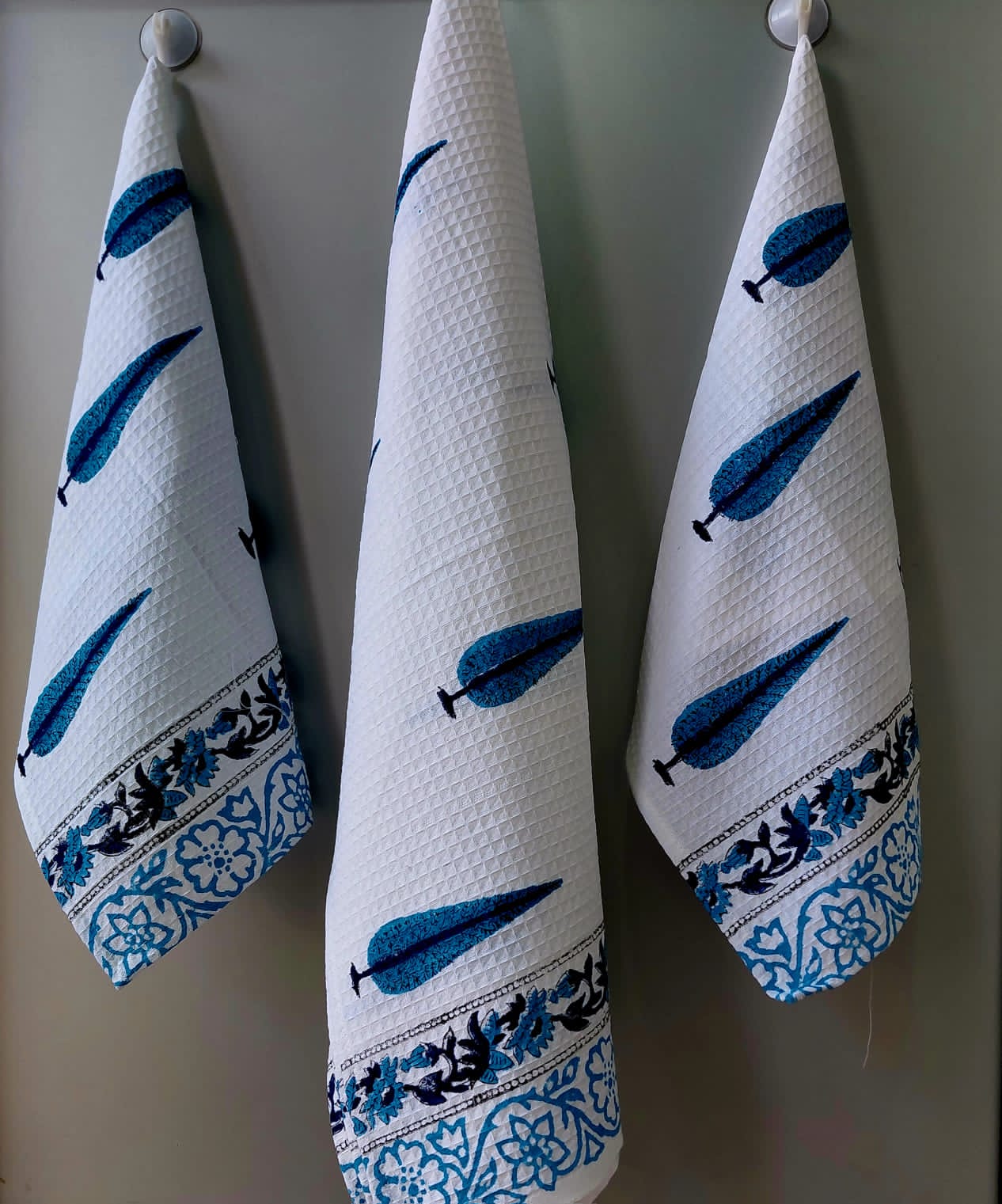 Pure cotton waffled textured hand-block printed bath combos (1 bath and 2 hand towels)