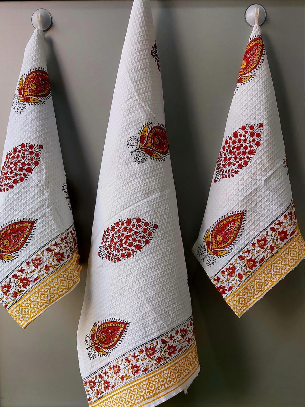 Pure cotton waffled textured hand-block printed bath combos (1 bath and 2 hand towels)