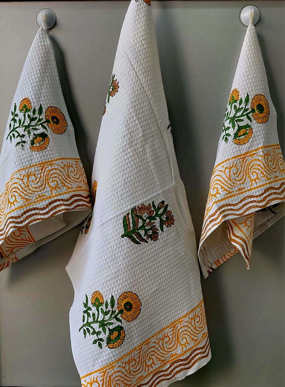 Pure cotton waffled textured hand-block printed bath combos (1 bath and 2 hand towels)