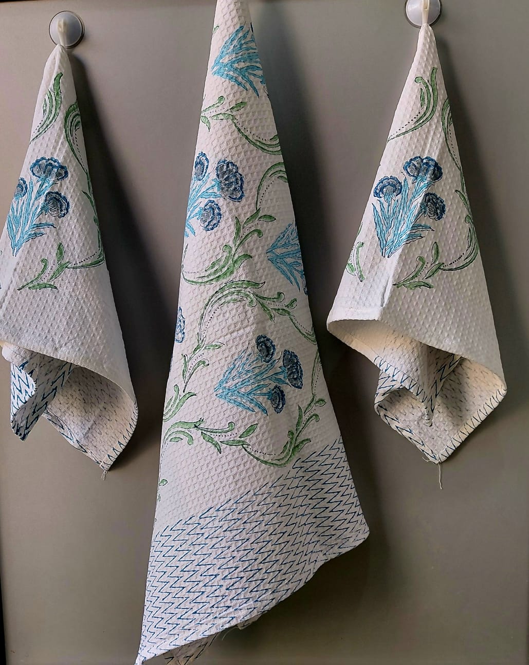 Pure cotton waffled textured hand-block printed bath combos (1 bath and 2 hand towels)