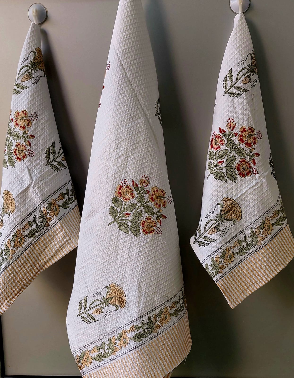 Pure cotton waffled textured hand-block printed bath combos (1 bath and 2 hand towels)