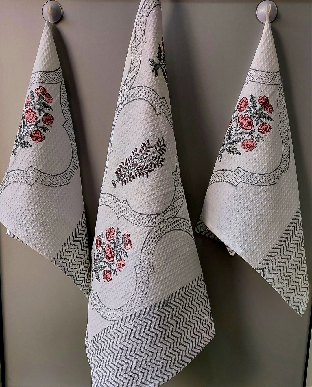 Pure cotton waffled textured hand-block printed bath combos (1 bath and 2 hand towels)