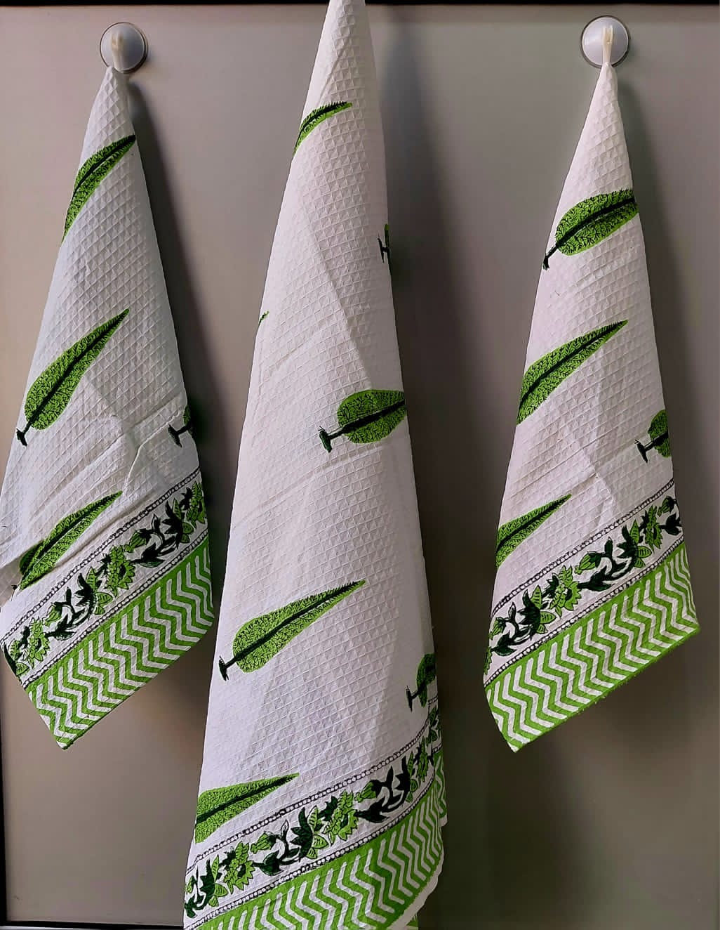 Pure cotton waffled textured hand-block printed bath combos (1 bath and 2 hand towels)