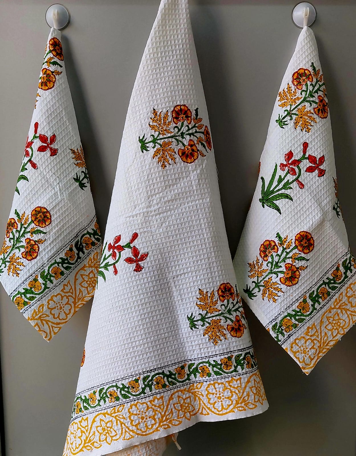 Pure cotton waffled textured hand-block printed bath combos (1 bath and 2 hand towels)