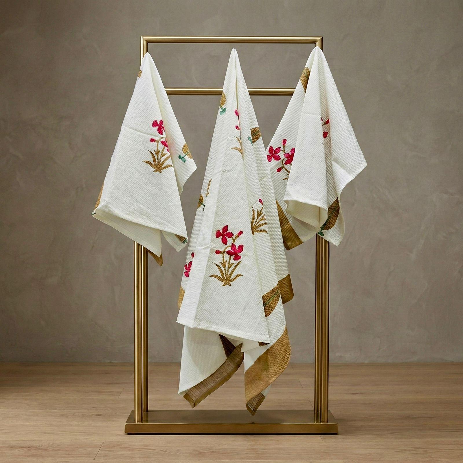 Pure cotton waffled textured hand-block printed bath combos (1 bath and 2 hand towels)