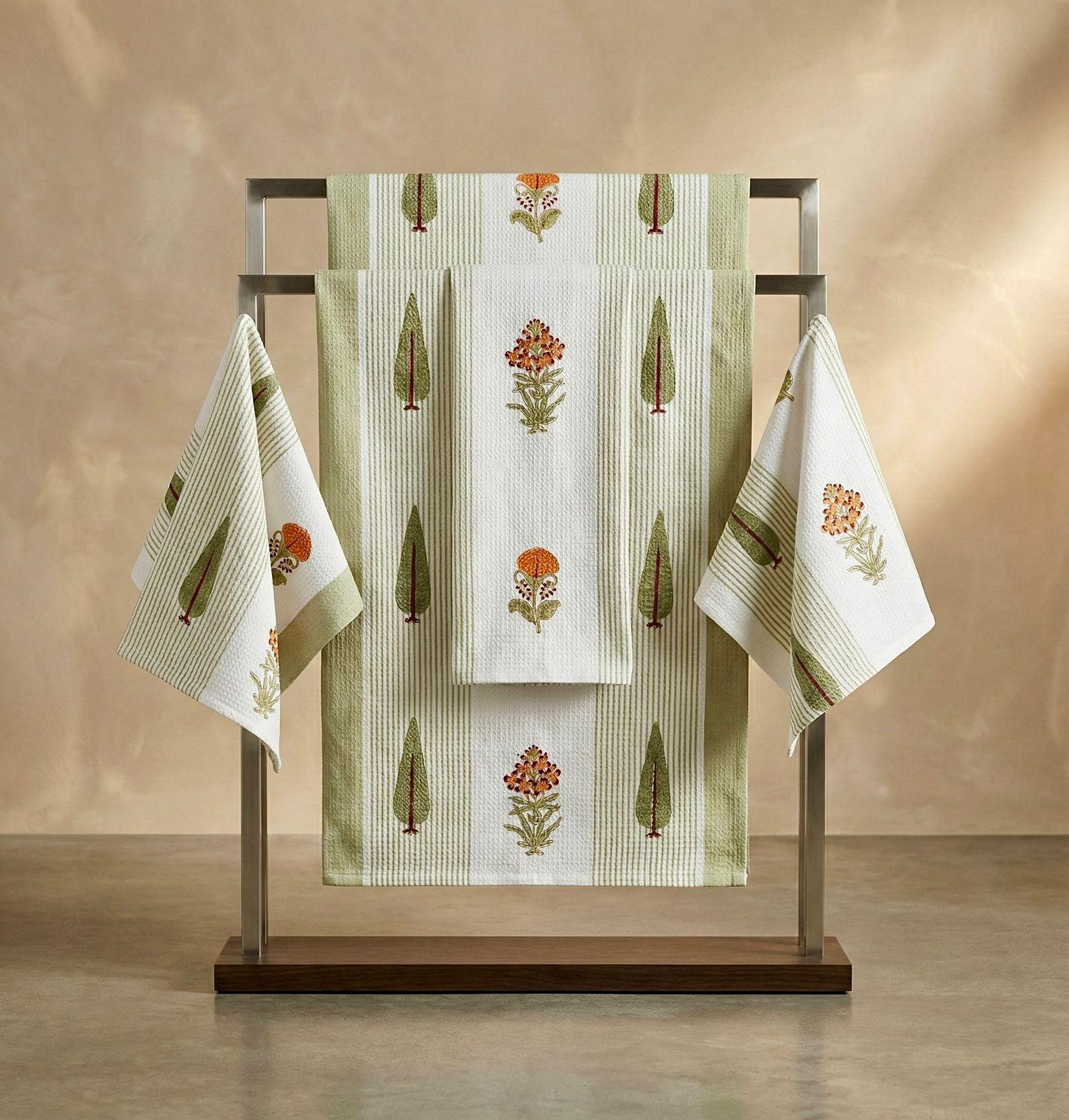 Pure cotton waffled textured hand-block printed bath combos (1 bath and 2 hand towels)