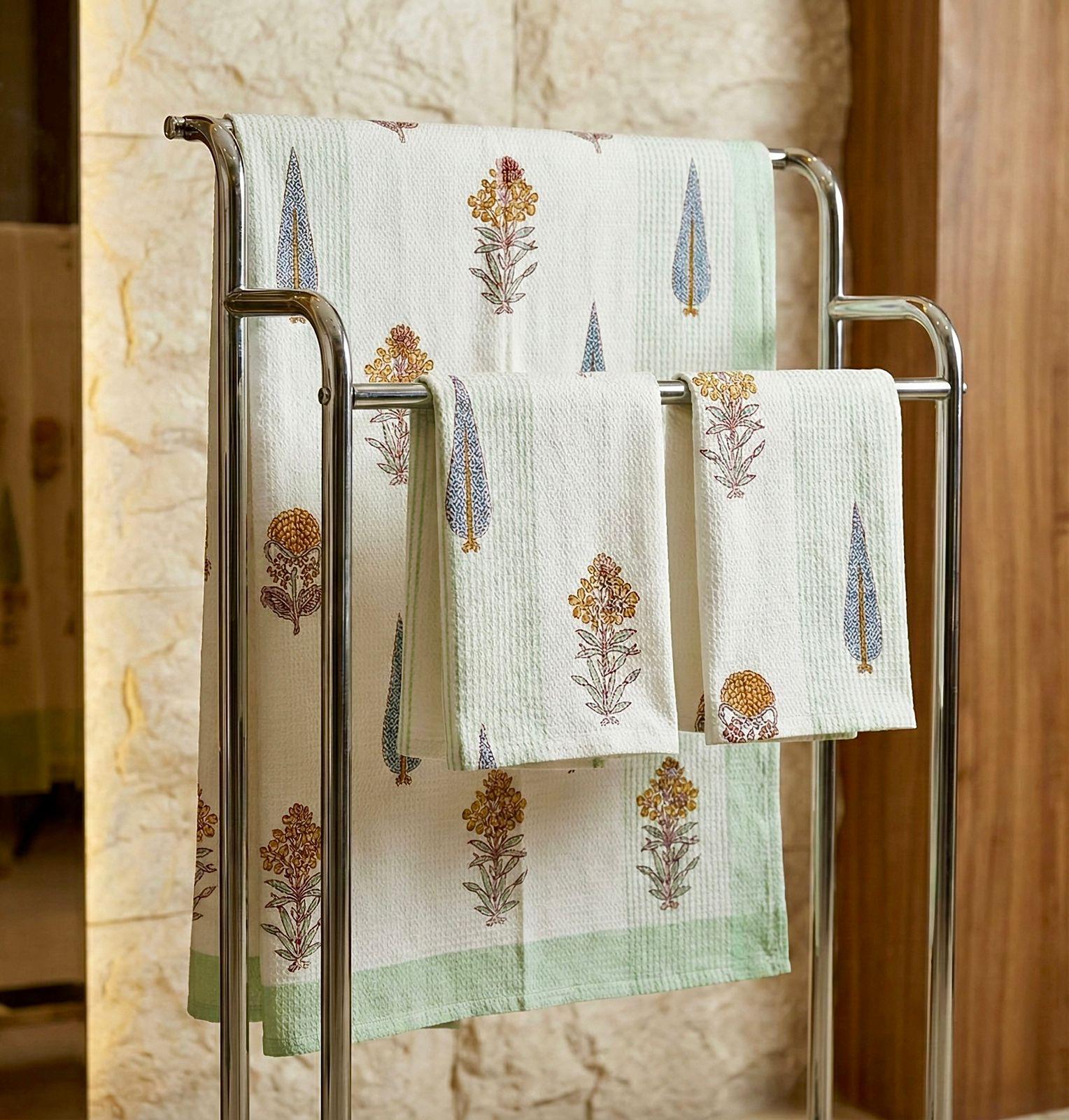 Pure cotton waffled textured hand-block printed bath combos (1 bath and 2 hand towels)
