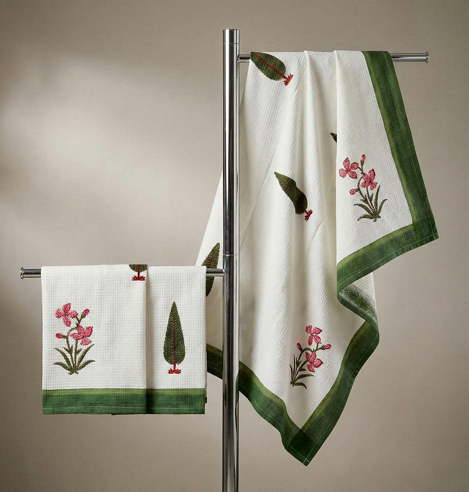 Pure cotton waffled textured hand-block printed bath combos (1 bath and 2 hand towels)