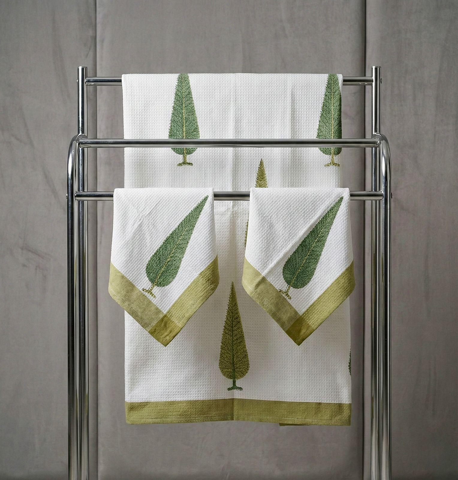 Pure cotton waffled textured hand-block printed bath combos (1 bath and 2 hand towels)