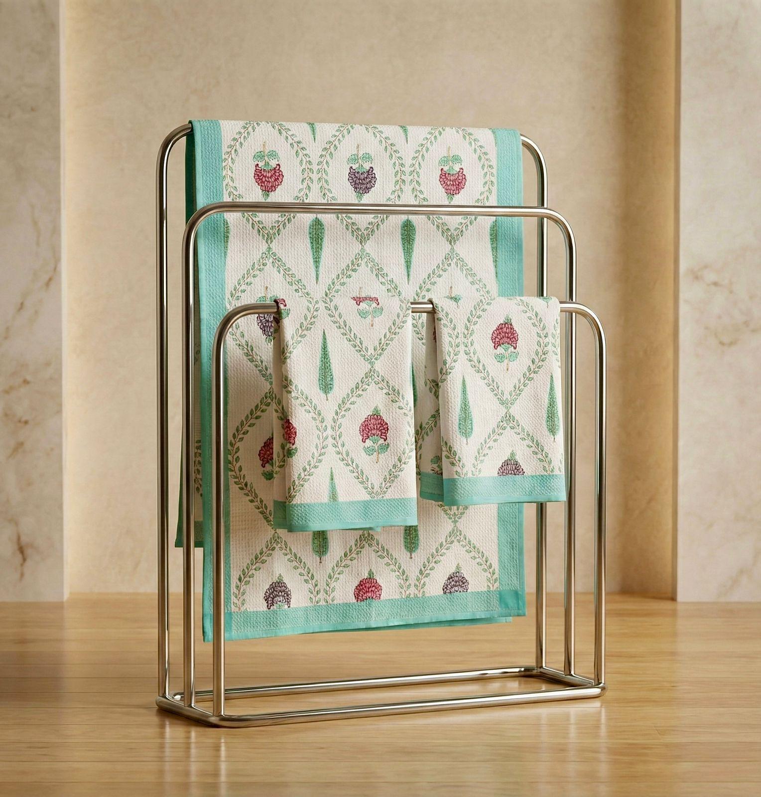 Pure cotton waffled textured hand-block printed bath combos (1 bath and 2 hand towels)