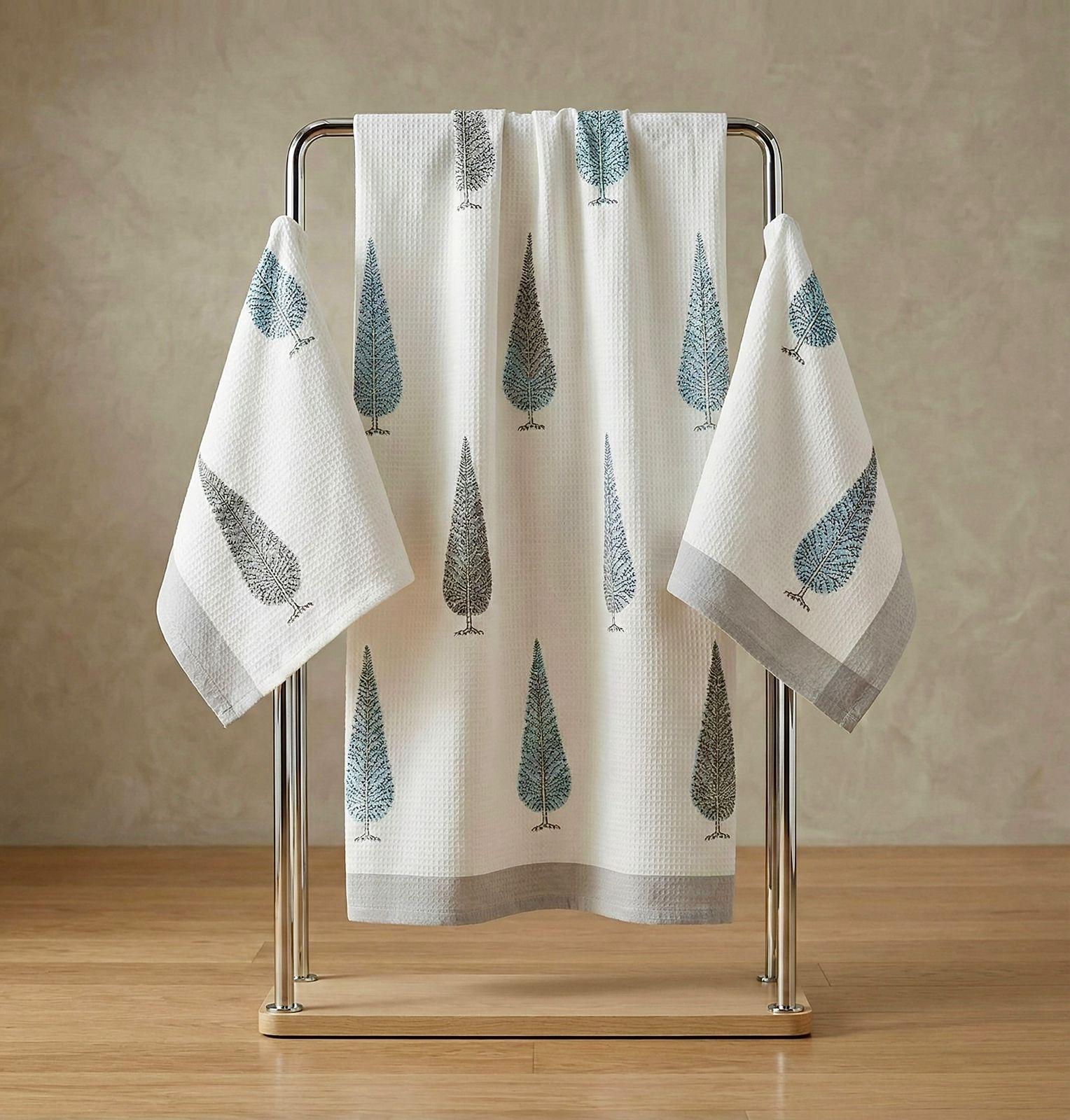 Pure cotton waffled textured hand-block printed bath combos (1 bath and 2 hand towels)