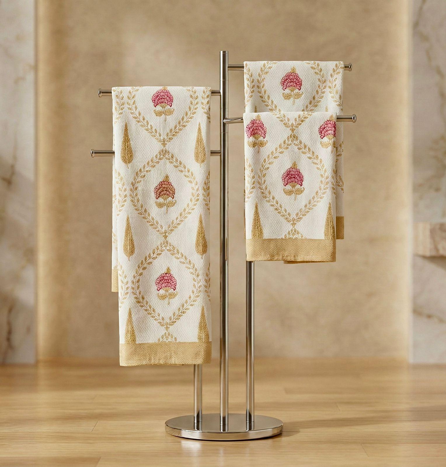 Pure cotton waffled textured hand-block printed bath combos (1 bath and 2 hand towels)