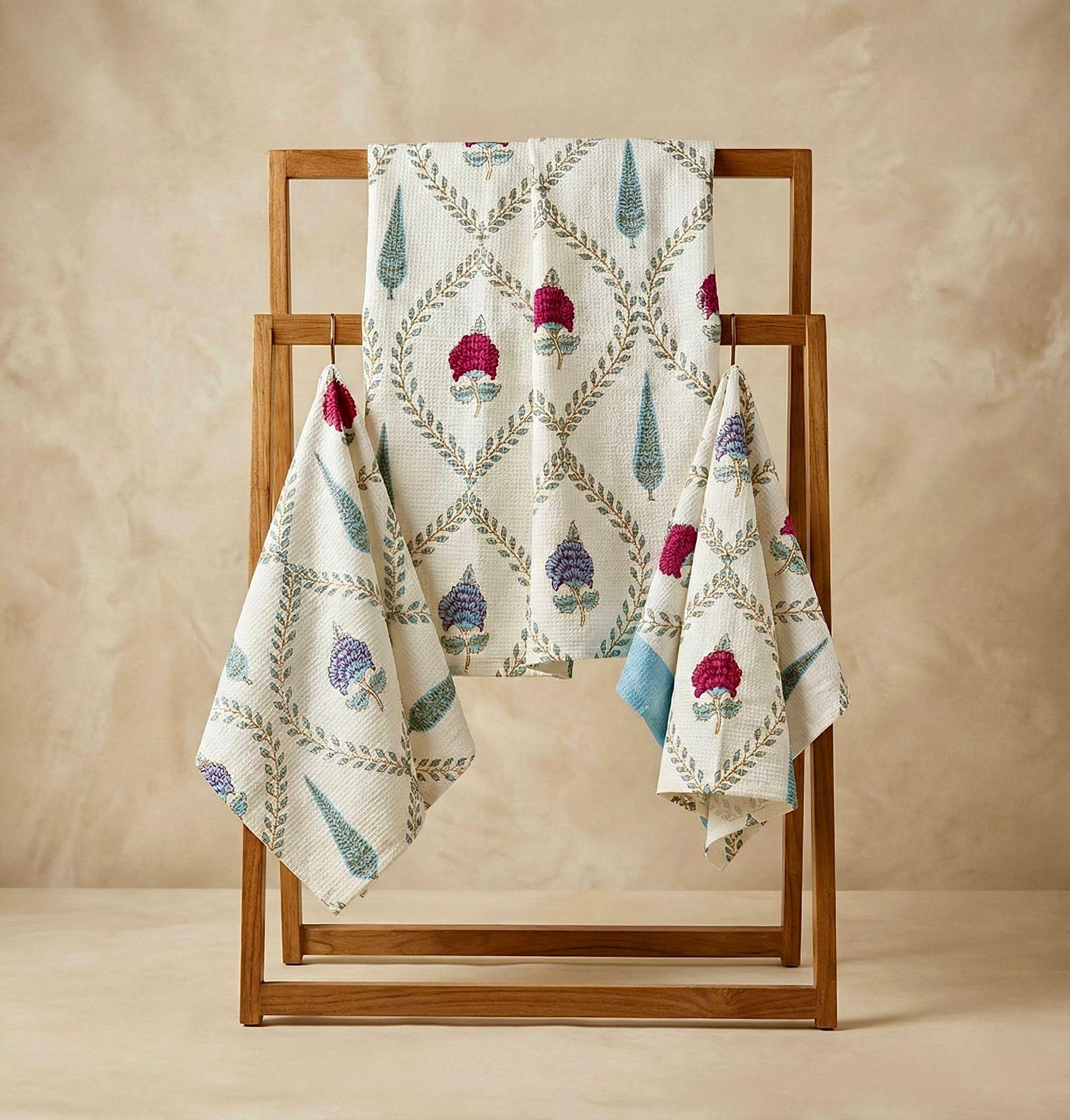 Pure cotton waffled textured hand-block printed bath combos (1 bath and 2 hand towels)