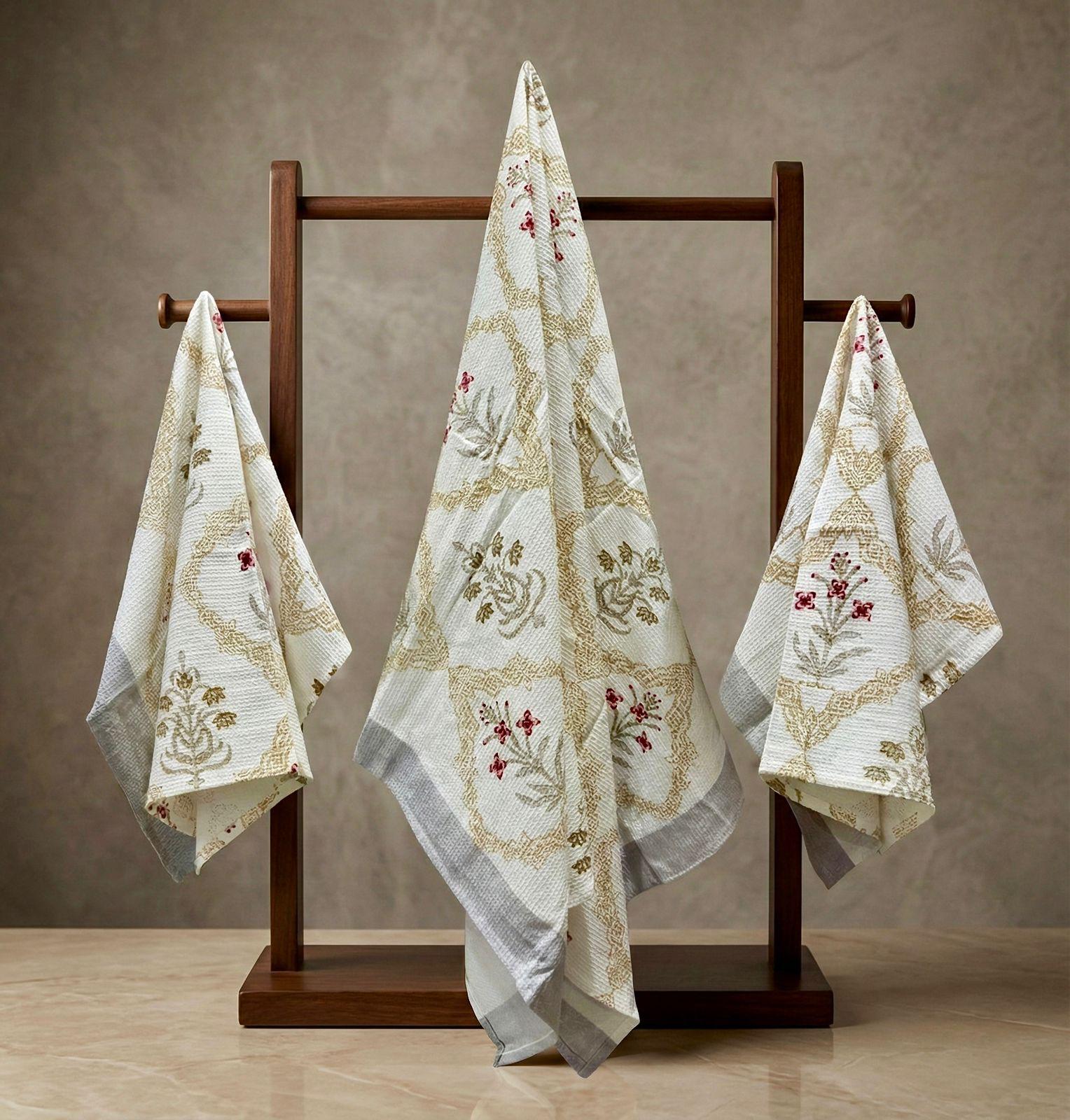 Pure cotton waffled textured hand-block printed bath combos (1 bath and 2 hand towels)