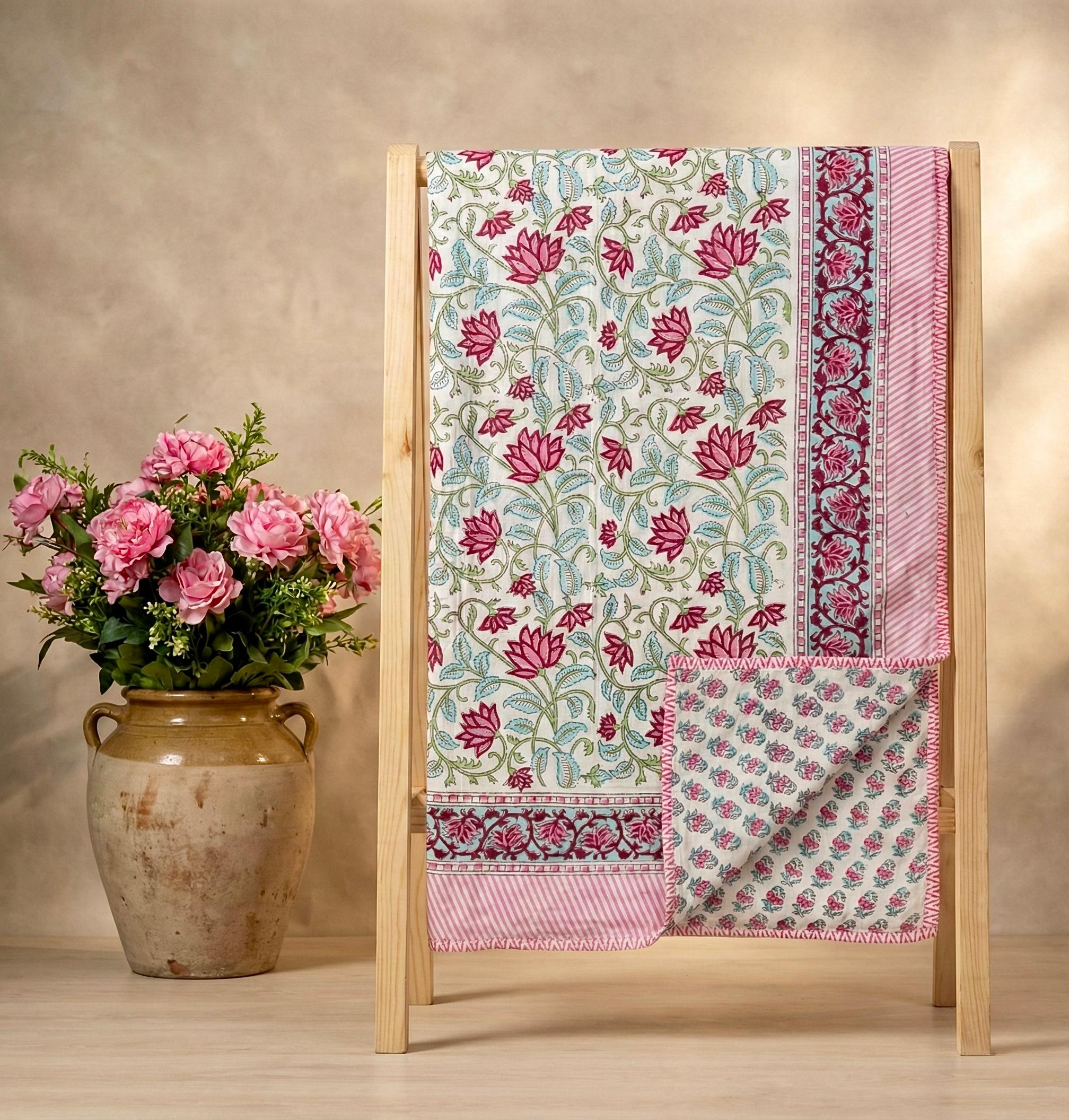 Handblock printed pure mulmul cotton all weather double dohars (90x108 inches)