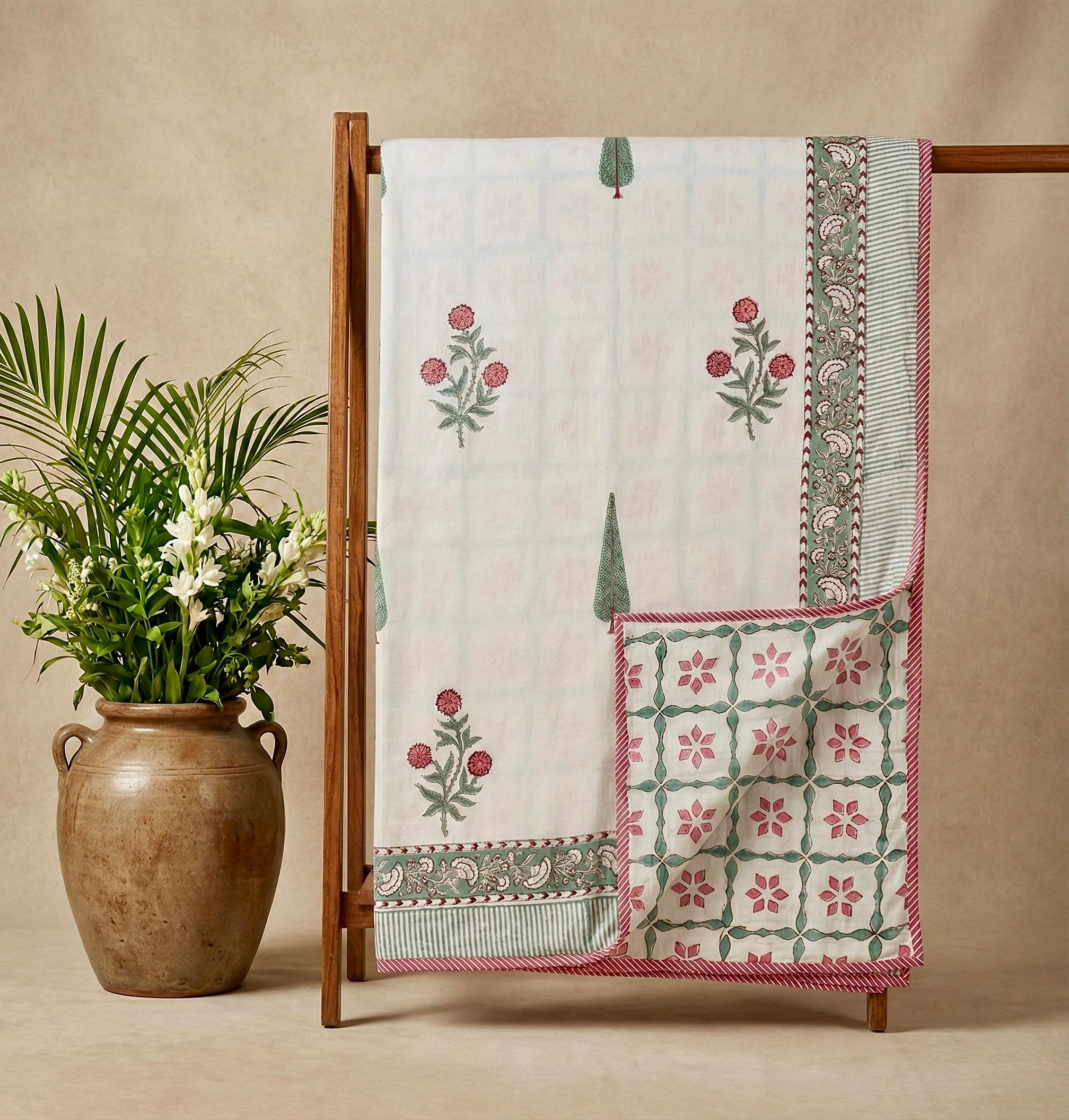 Handblock printed pure mulmul cotton all weather double dohars (90x108 inches)