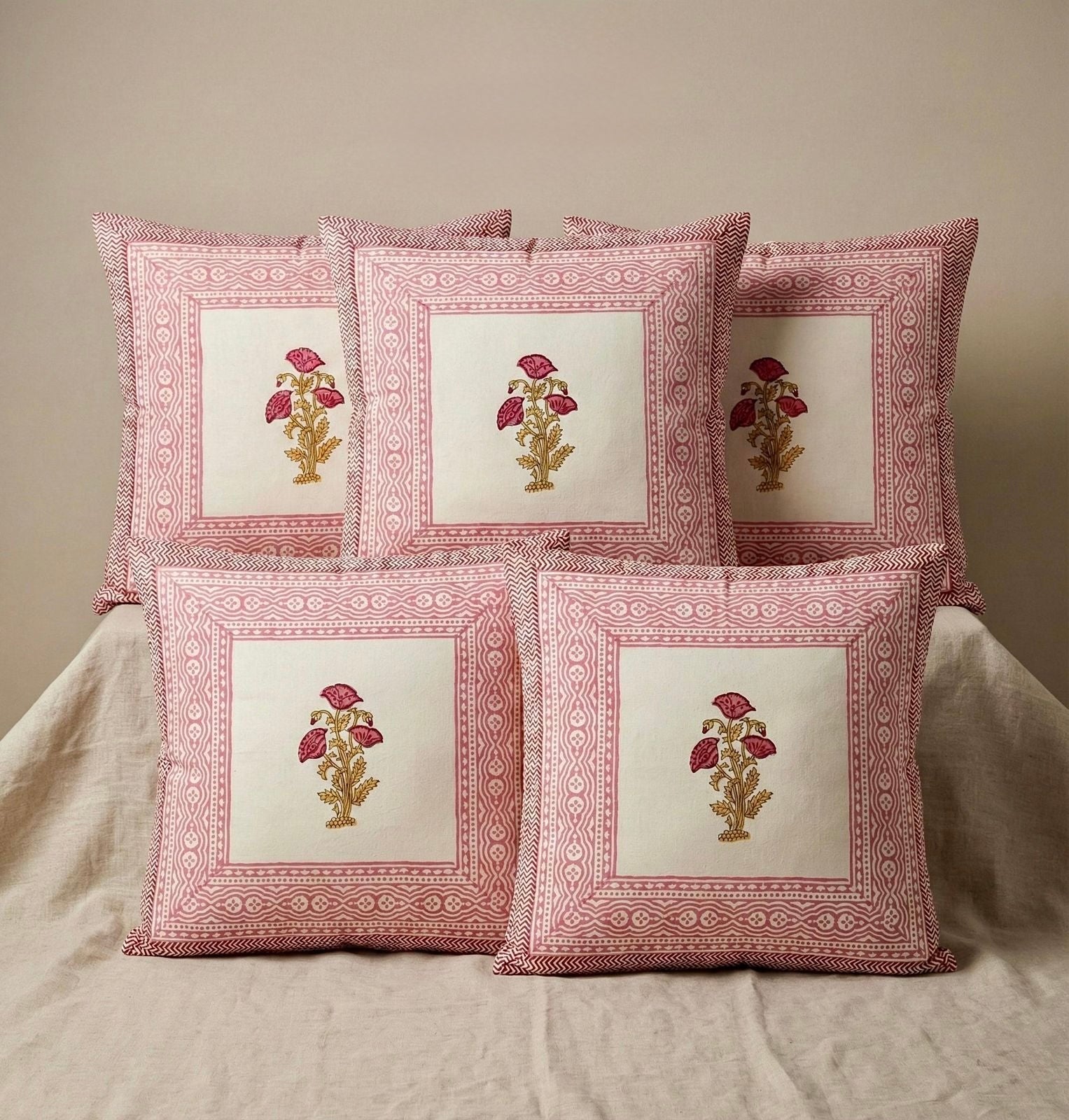 Pure cotton hand-block printed large sized cushion covers (24x24 inches set of 5)
