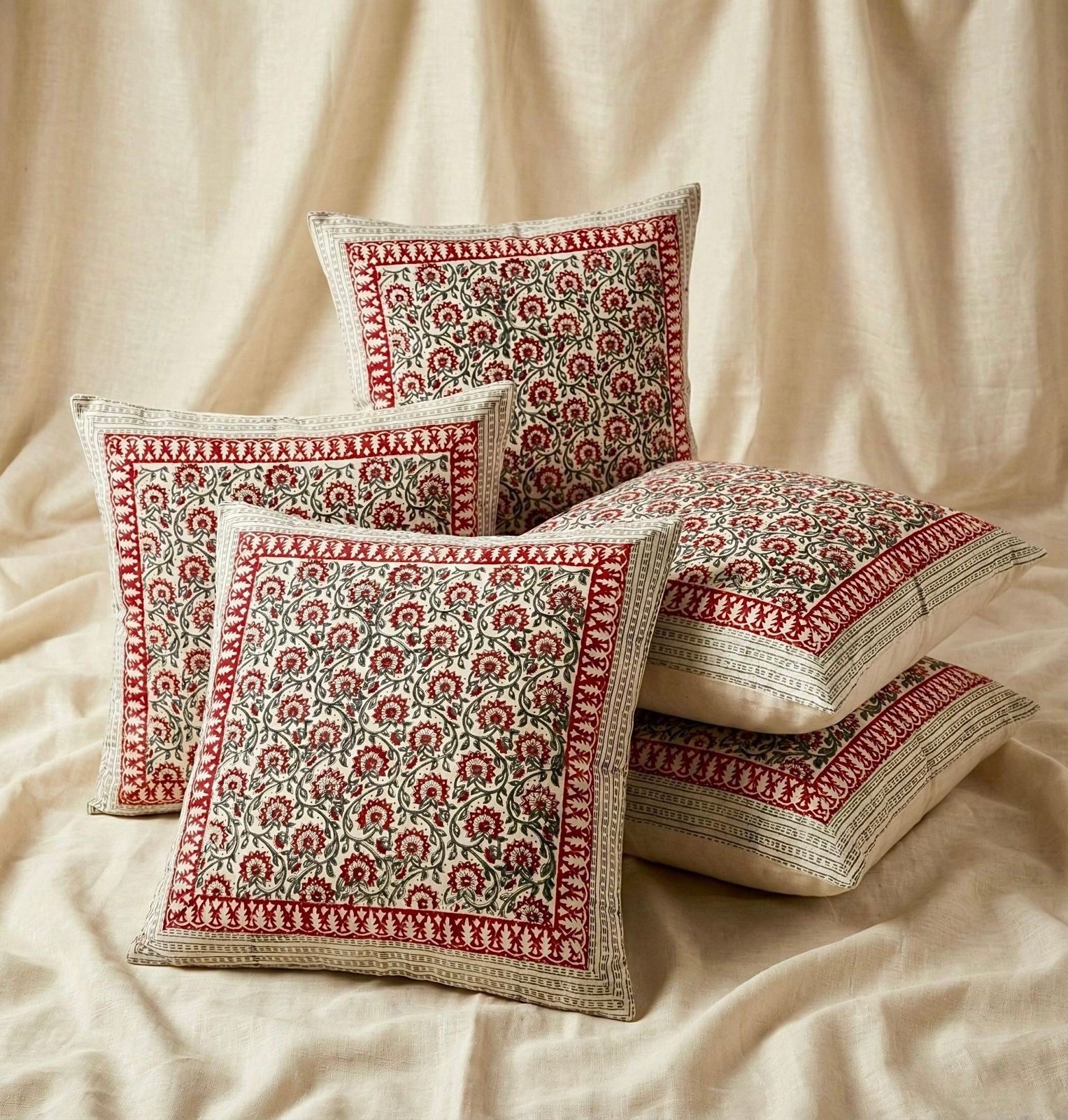 Pure cotton hand-block printed large sized cushion covers (24x24 inches set of 5)