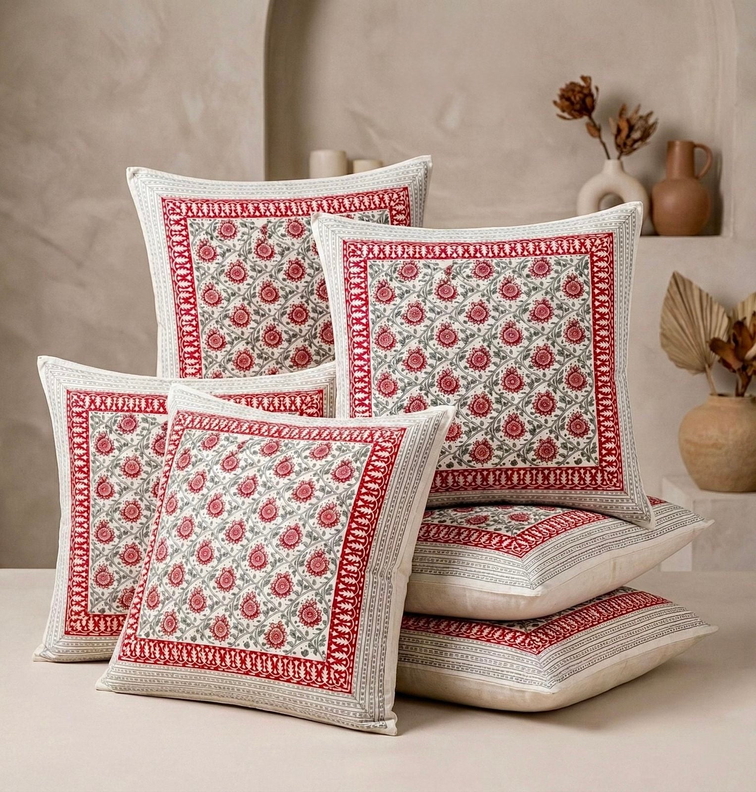 Pure cotton hand-block printed large sized cushion covers (24x24 inches set of 5)