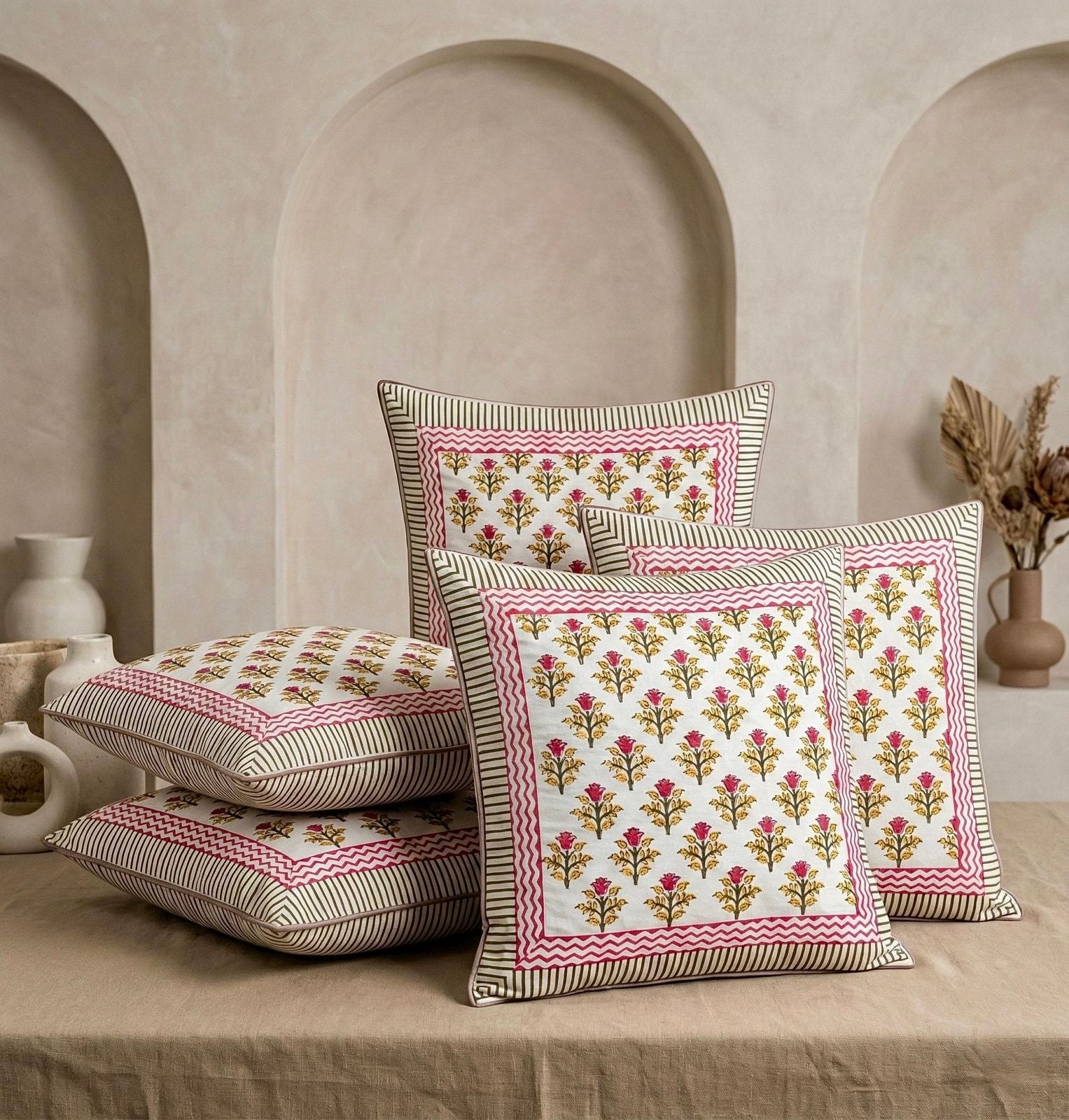 Pure cotton hand-block printed large sized cushion covers (24x24 inches set of 5)