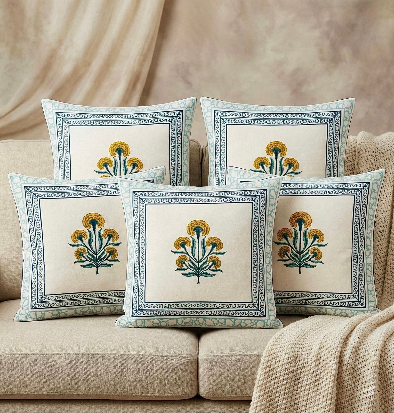 Pure cotton hand-block printed large sized cushion covers (24x24 inches set of 5)