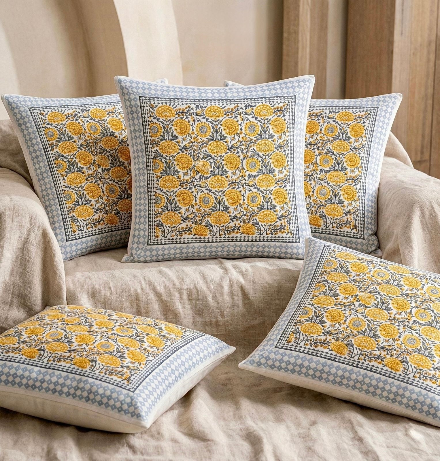 Pure cotton hand-block printed large sized cushion covers (24x24 inches set of 5)