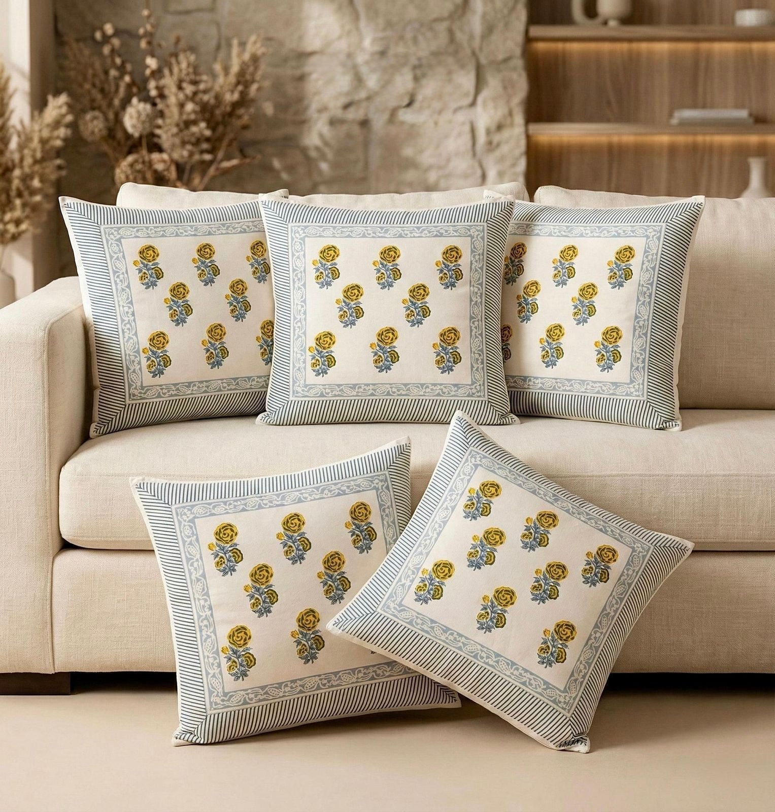 Pure cotton hand-block printed large sized cushion covers (24x24 inches set of 5)