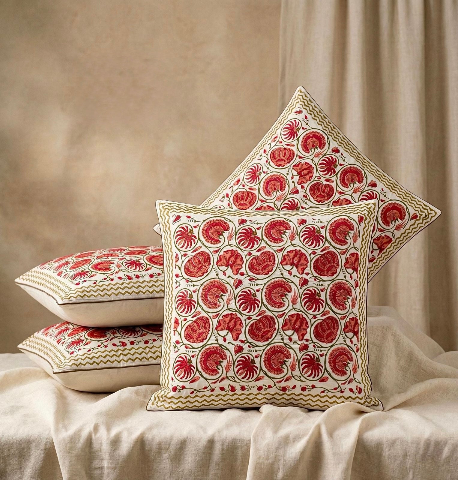 Pure cotton hand-block printed large sized cushion covers (24x24 inches set of 5)