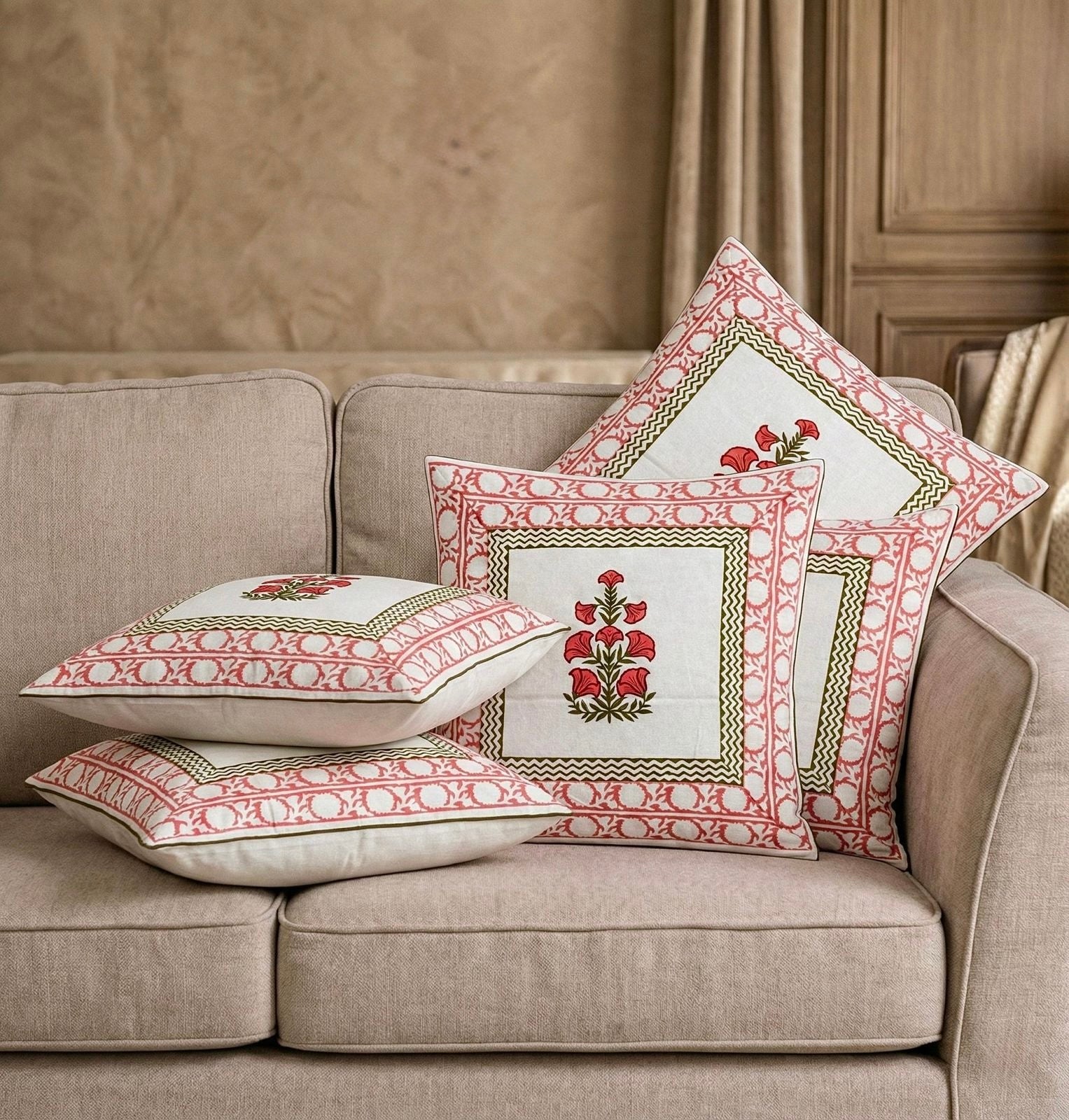 Pure cotton hand-block printed large sized cushion covers (24x24 inches set of 5)