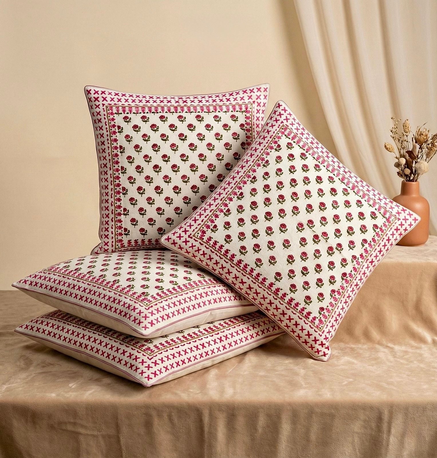 Pure cotton hand-block printed large sized cushion covers (24x24 inches set of 5)