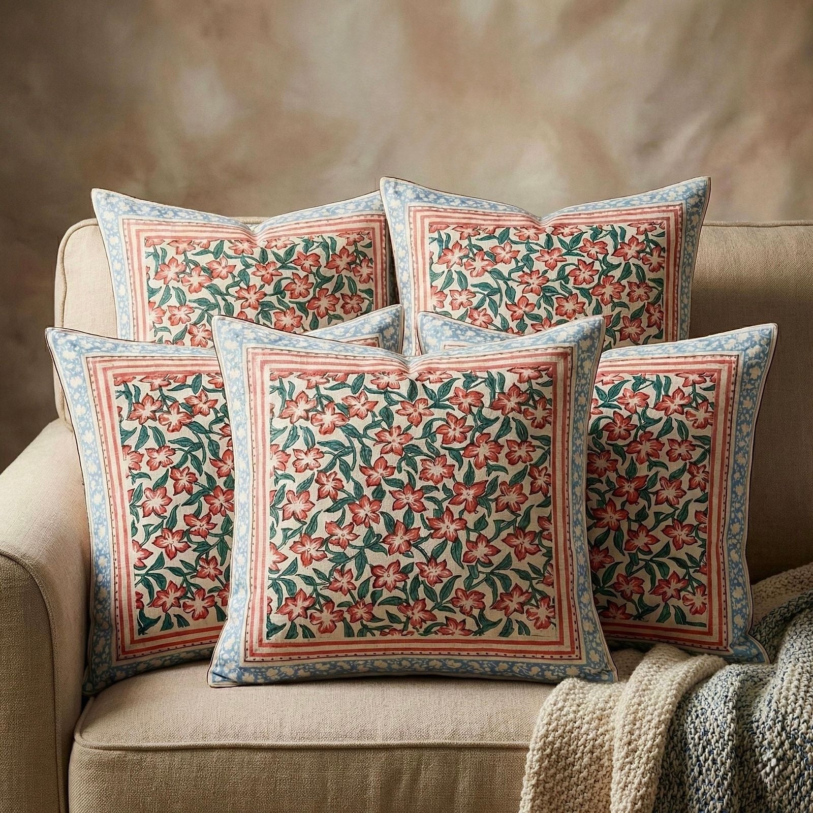 Pure cotton hand-block printed large sized cushion covers (24x24 inches set of 5)