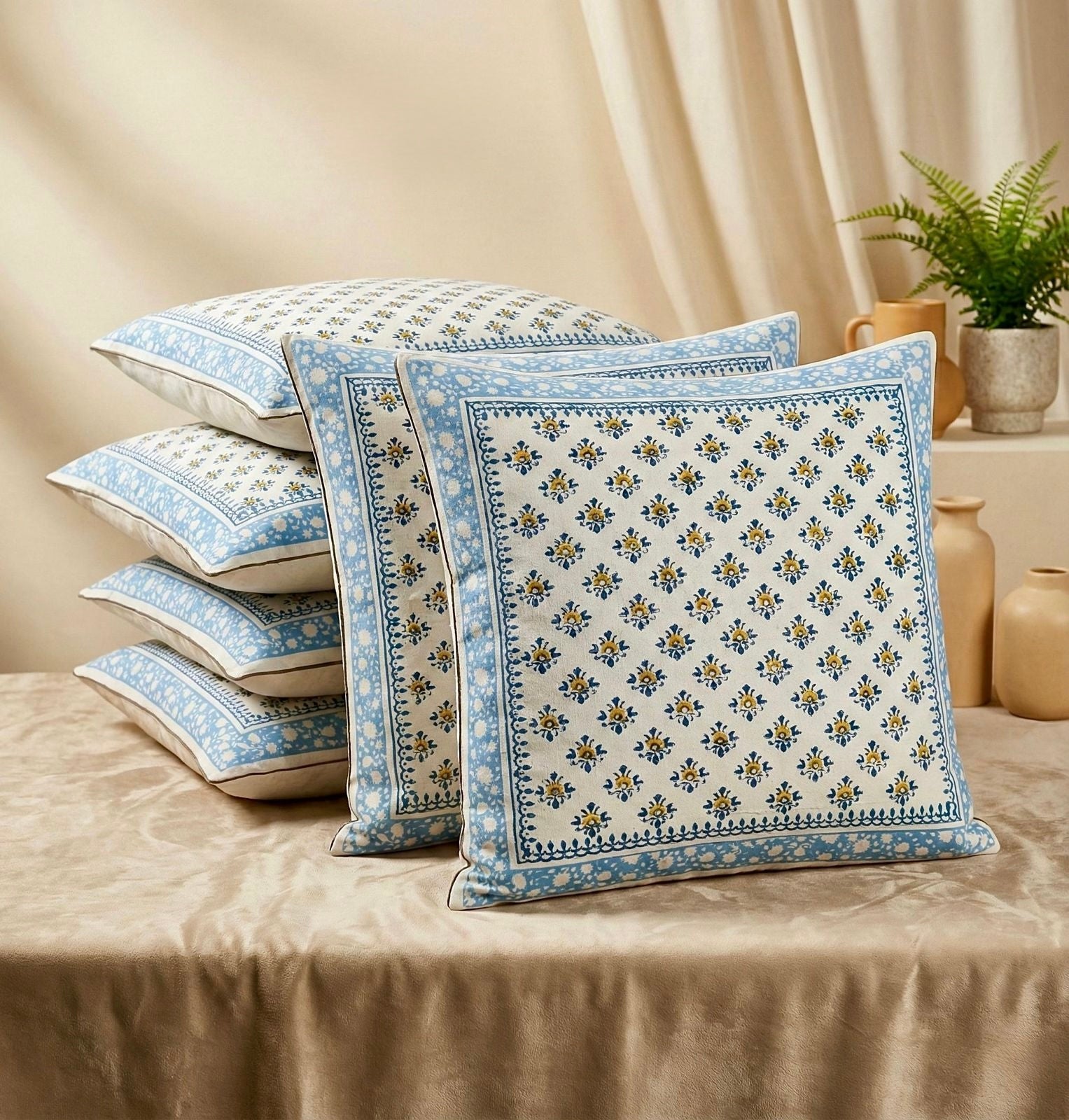 Pure cotton hand-block printed large sized cushion covers (24x24 inches set of 5)