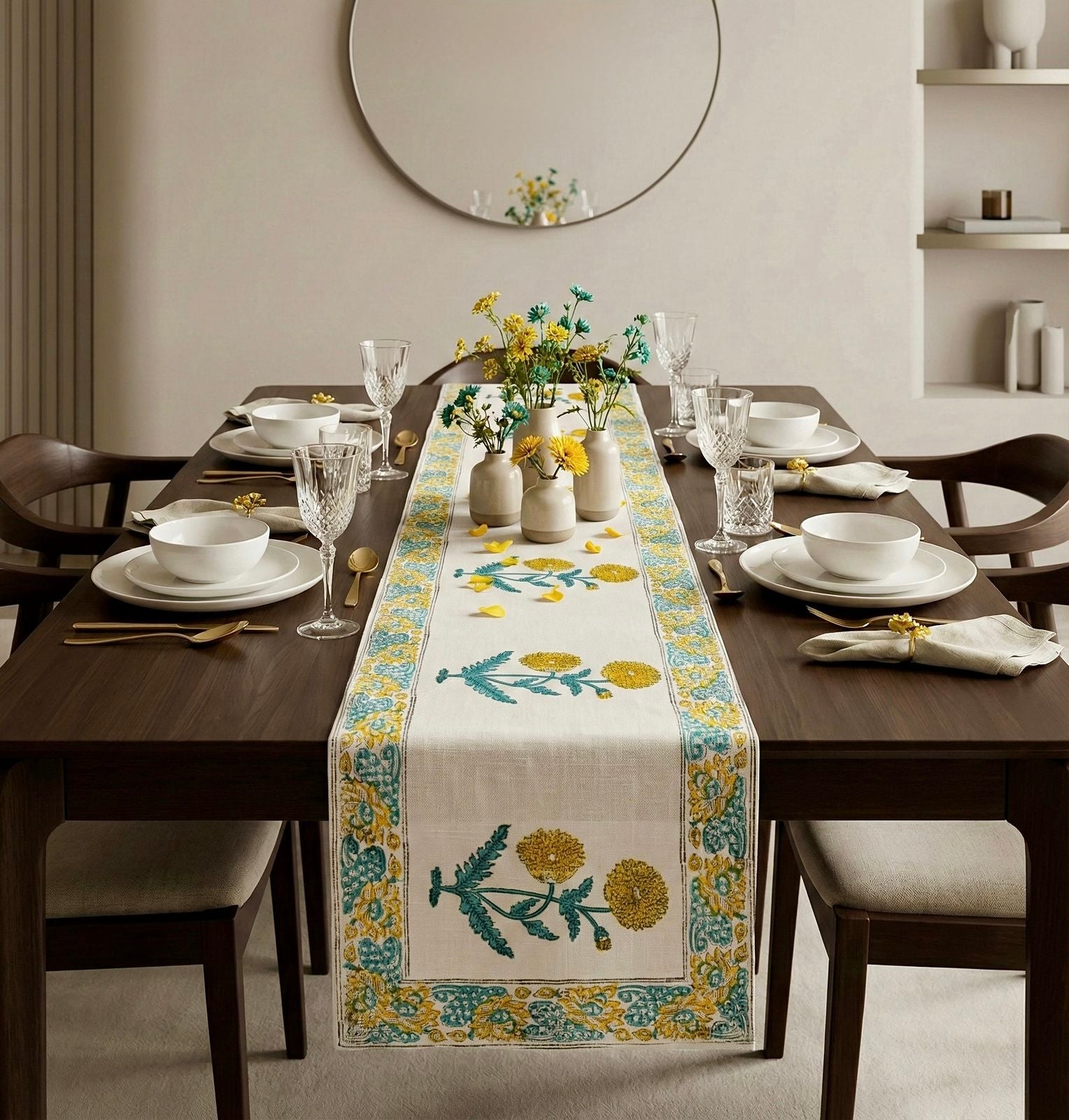 Pure cotton jute textured hand-block printed table runners 6 seater dining tables