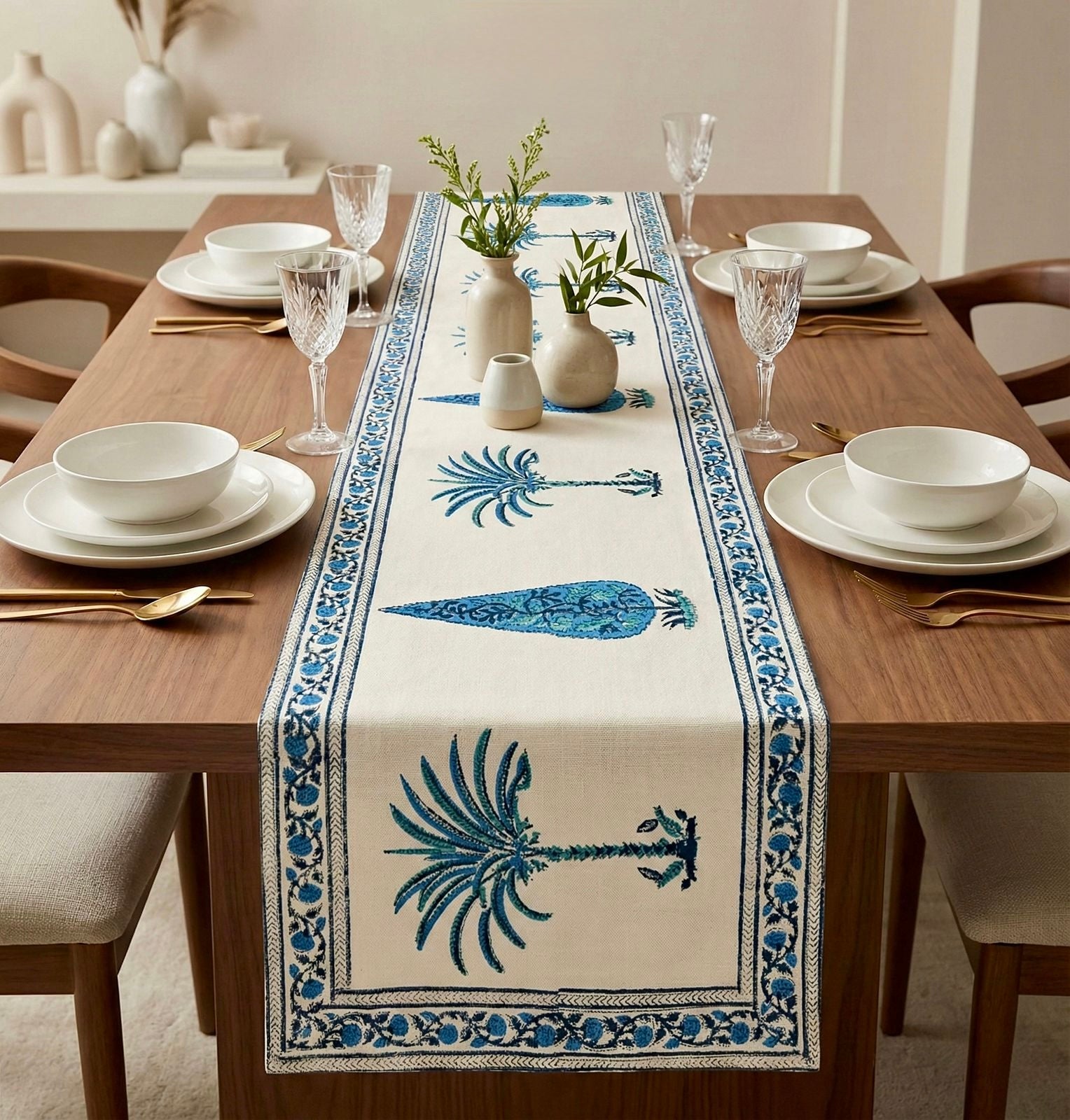 Pure cotton jute textured hand-block printed table runners 6 seater dining tables