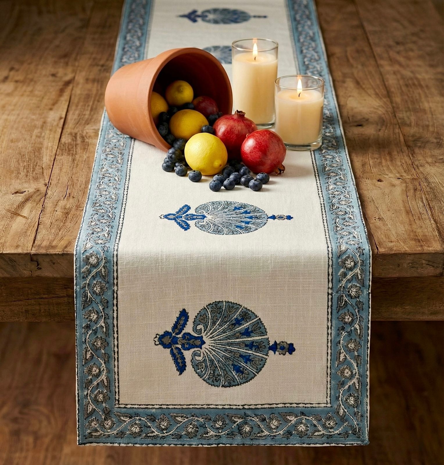 Pure cotton jute textured hand-block printed table runners 6 seater dining tables