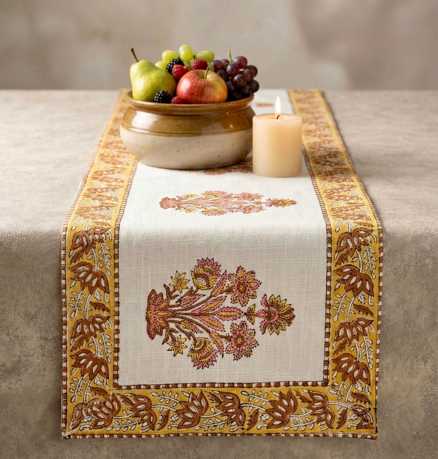 Pure cotton jute textured hand-block printed table runners 6 seater dining tables