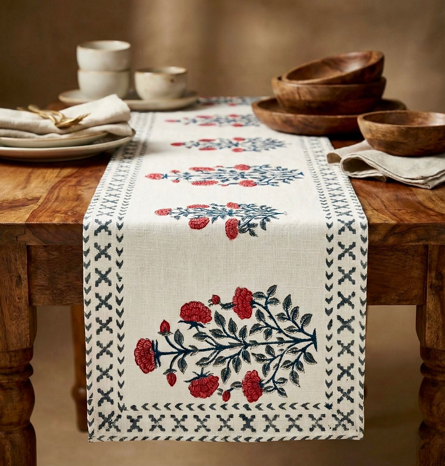 Pure cotton jute textured hand-block printed table runners 6 seater dining tables
