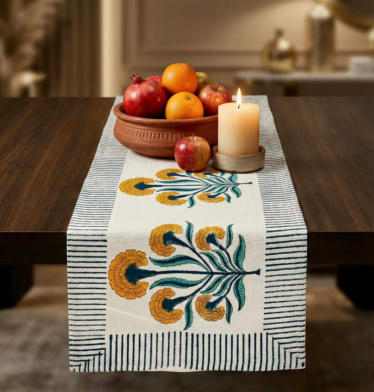 Pure cotton jute textured hand-block printed table runners 6 seater dining tables