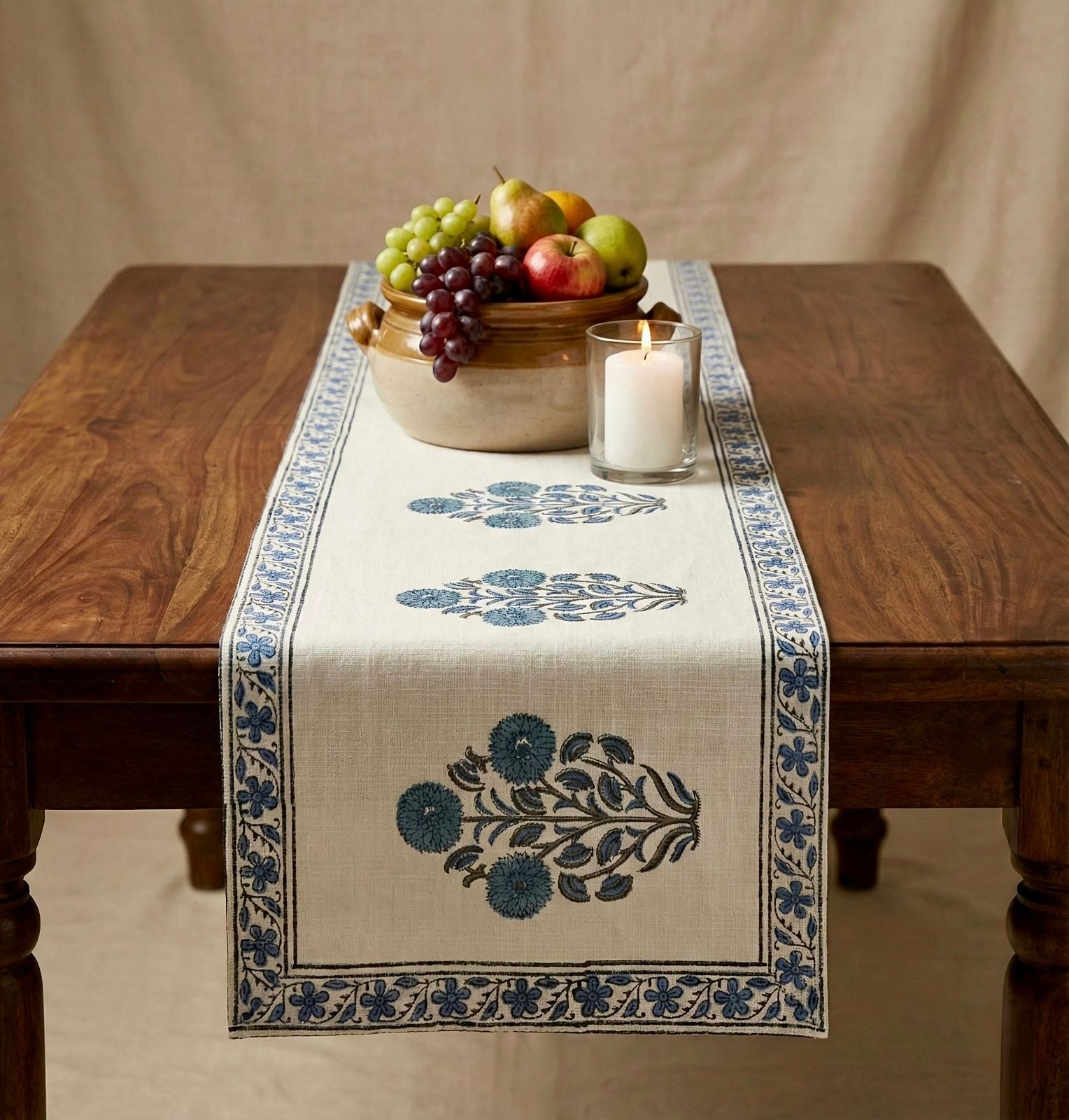 Pure cotton jute textured hand-block printed table runners 6 seater dining tables