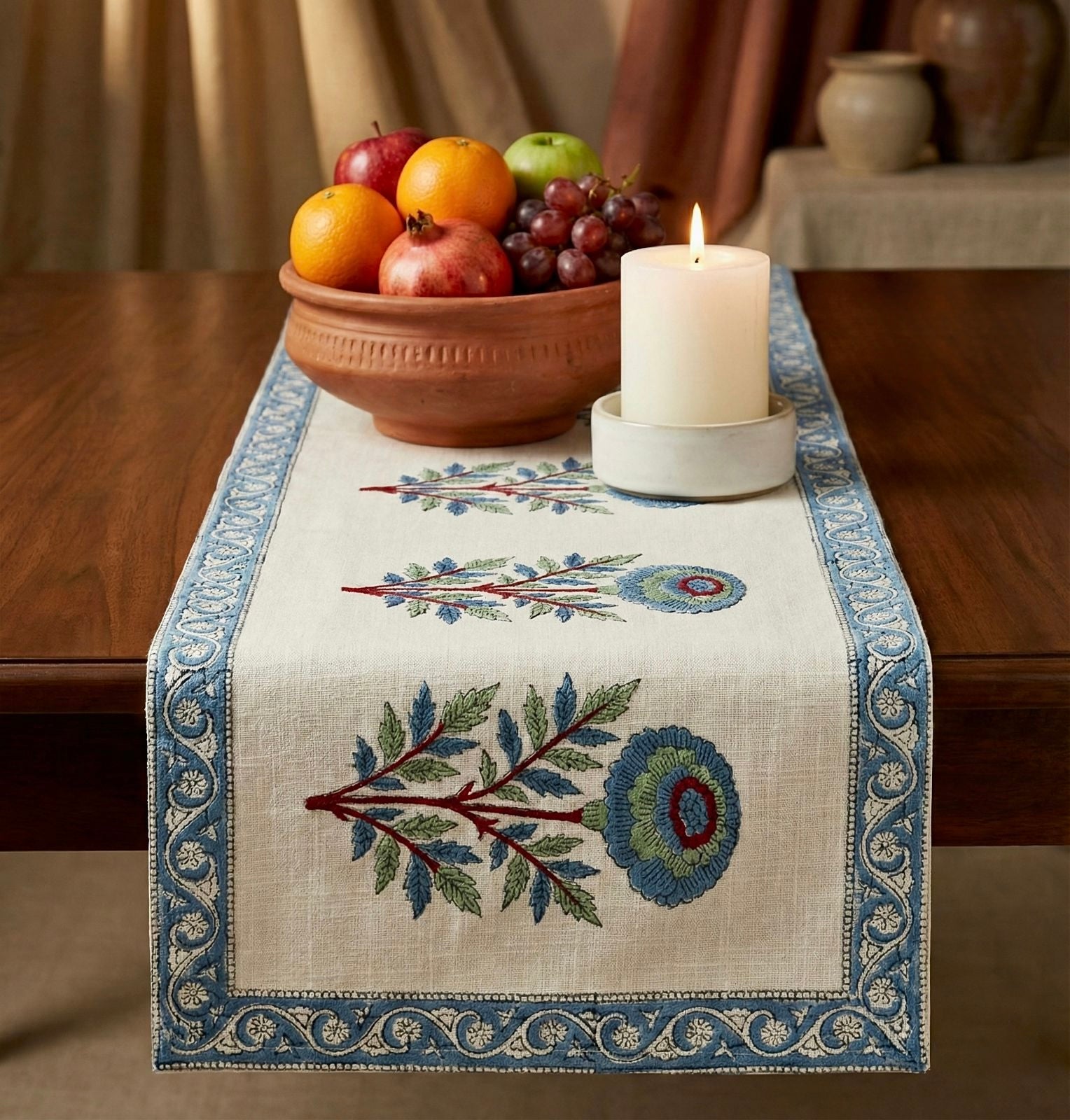 Pure cotton jute textured hand-block printed table runners 6 seater dining tables